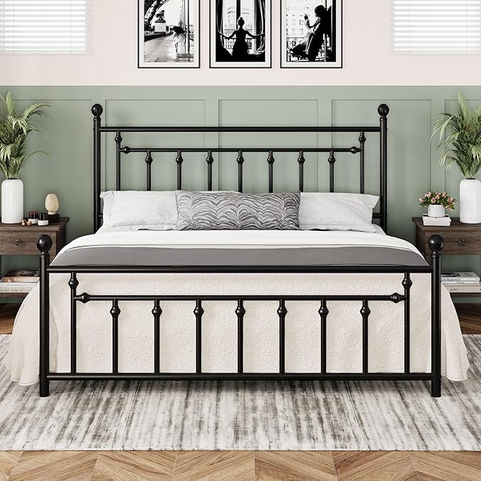 Allewie 14'' King Size Metal Platform Bed Frame, Vintage Headboard, Black | 50'' Tall Victorian Headboard/Footboard/Mattress Foundation/Under Bed Storage/No Box Spring Needed/Easy Assembly/Noise Free