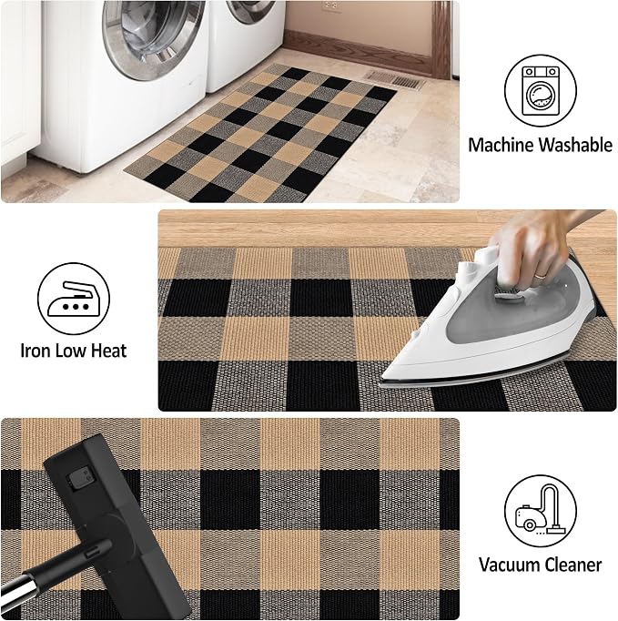 Buffalo Plaid Rug 2x3 Brown and Black Checkered Rug Grid Indoor Outdoor Doormat Porch Layering Carpet Cotton Woven Washable Area Mat for Patio Entryway Farmhouse Decor