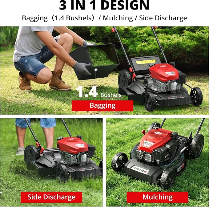 AMERISUN 21-Inch 3-in-1 Gas Push Lawn Mower with 144cc 4-Stroke OHV Engine, 6-Position Adjustable Cutting Height, Large 1.4 Bushel Grass Catcher, Side Discharge & Mulching, Lightweight Easy Storage