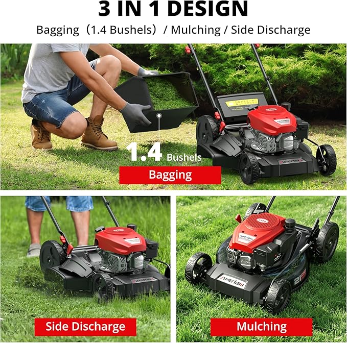 21" C, Rugged Steel Deck, 3-in-1 Versatile Mower, 144cc OHV Engine, 6-Level Height Adjustment, Large Grass Collector, Easy Maneuverability for Home & Garden