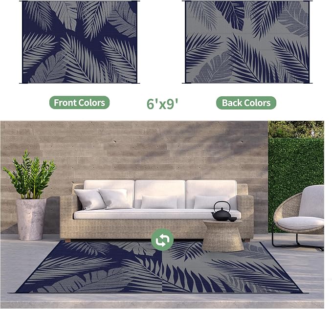 GENIMO Outdoor Rug, Waterproof Plastic Rugs for Patio, 6'x9' Blue Grey | Outside Larger Leaf Carpet Mat for Porch Decor, Deck, Balcony, Camping, RV, Backyard, Picnic, Beach, Reversible, Foldable