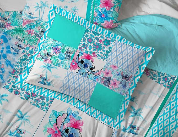 Disney Lilo and Stitch Full Size Comforter Set 7 Piece Bedding, Multi | Floral Bed in a Bag, Comforter Sheets Shams Pillowcases, Official Product, Soft Microfiber, Machine Washable, Girls Gift