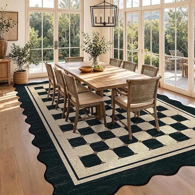 Garvee Easy Jute Rug 8x10 Washable Rugs for Living Room, Scalloped Black Non Slip Carpet,Outdoor Patio Area Rug Low Pile Farmhouse Modern Office Mat for Backyard Dining Room Bedroom 8'x10'