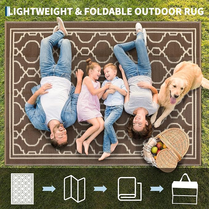 Garvee 8 x 10 Outdoor Rug Waterproof for Patio, Foldable Reversible Plastic Straw Area Rug, Large Mats for Camping, RV, Balcony, Deck, Picnic, Beach, Brown & Beige