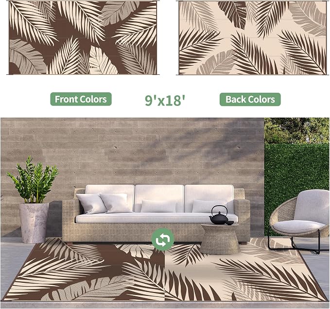 GENIMO Outdoor Rug, Waterproof Plastic Rugs 9'x18' for Camping Coffee Beige | Outside Larger Leaf Carpet Mat for Patio Decor, RV, Porch, Camper, Deck, Picnic, Beach, Backyard, Reversible, Foldable