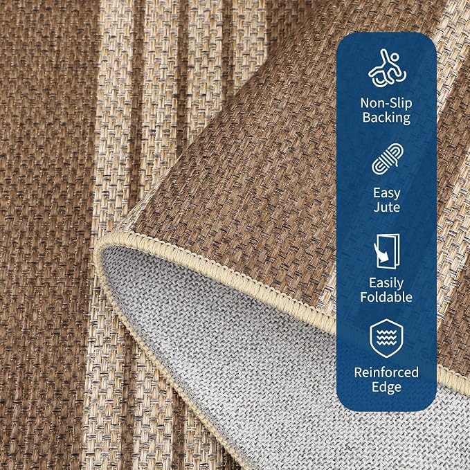 COZYLOOM Large Outdoor Rug 9x12 Rugs for Living Room Striped Easy Jute Rug with Non Slip Backing, Non Shedding Stain Resistant Contemporary Foldable Mats for Bedroom RV Patio, White/Coffee