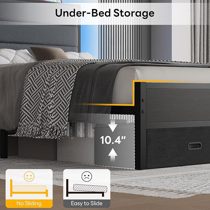 LIKIMIO Queen Size Bed Frame with 2 Storage Drawers, Upholstered Headboard | Queen Platform Bed Frame with Charging Station & LED Lights, Modern Style, Noise Free, No Box Spring Needed, Black and Grey