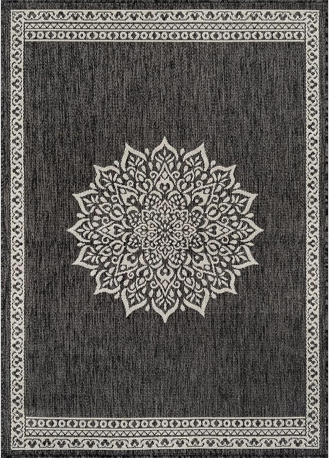 CAMILSON Outdoor Rug 10x14 Medallion Darkgray Modern Large Area Rugs for Indoor and Outdoor Patios Kitchen and Hallway Mats Washable Porch Deck Outside Carpet (Medallion Darkgray 10 x 14)