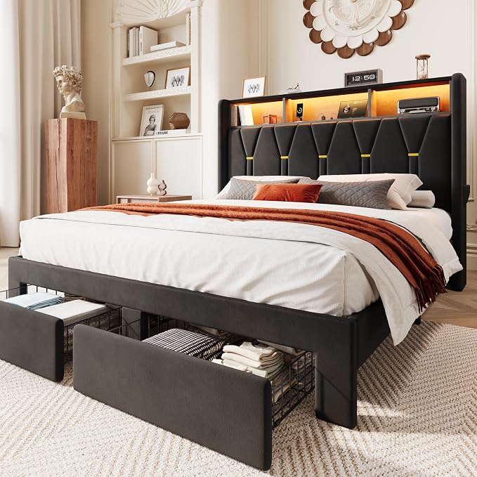 SHA CERLIN Queen Velvet Platform Bed Frame with 2 Storage Drawers, LED Storage Headboard with Charging Station, Upholstered Wingback Headboard, Noise-Free, No Box Spring Needed, Easy Assembly, Black