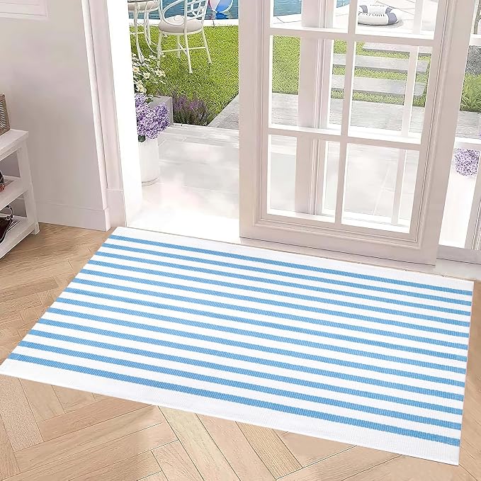 Light Blue White Outdoor Rug 2'x4.3',Striped Front Porch Rug Machine Washable Front Door Mat Entryway Throw Rug for Front Porch Indoor Outdoor Doormat