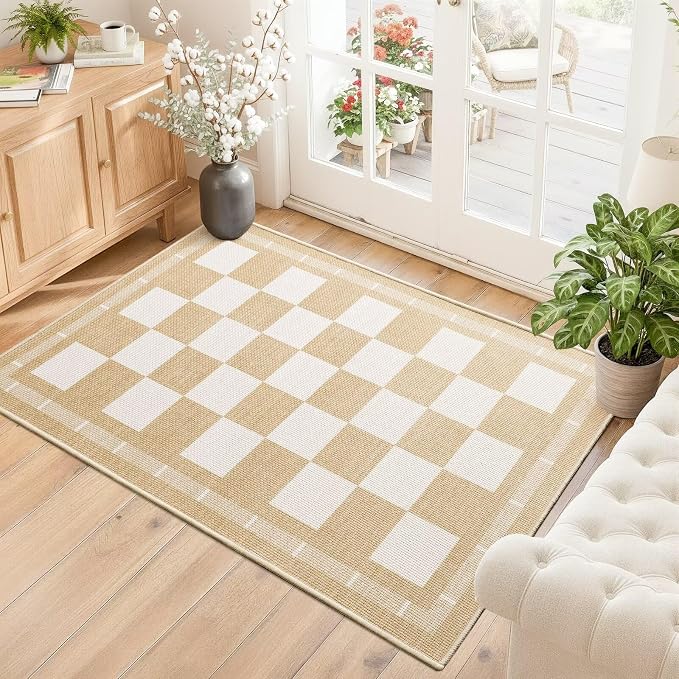 Vasofe Jute Checkered Outdoor Rug, 2x3 Small Entry Rug, Washable Indoor Mat | Front Door Mat, Non-slip Bedroom Bedside Rugs, Entrance Doorway Kitchen Mats, Plaid Farmhouse Porch Carpet, Khaki and White
