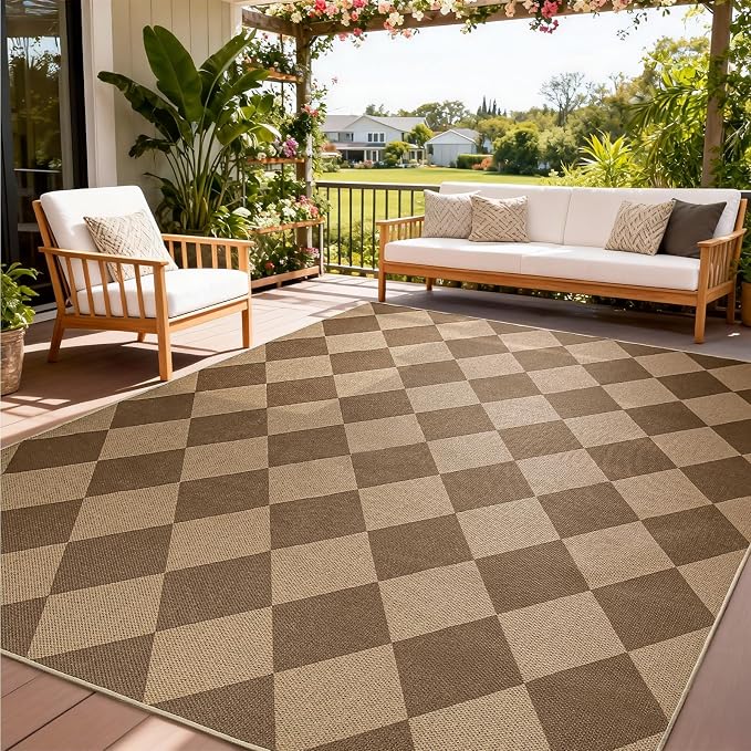 EDIMENS Checkered Easy Jute 5x7 Outdoor Rug Washable Living Room Area Rugs | Brown Non Slip Outdoor Patio Rug Diamond Indoor Black Farmhouse Geometric Carpet for Backyard Front Porch Balcony
