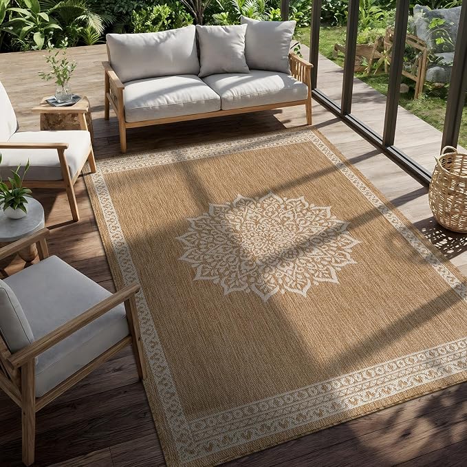 CAMILSON Outdoor Rug 8x10 Medallion Natural Modern Area Rugs for Indoor and Outdoor Patios Kitchen and Hallway Mats Washable Porch Deck Outside Carpet (Medallion Natural 8 x 10)