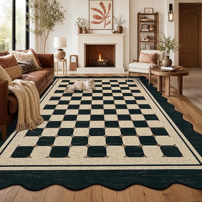 Garvee Easy Jute 9x12 Large Area Rug for Living Room Scalloped Checkered Black Indoor Outdoor Rugs Non Slip Low Pile Patio Outdoor Rugs Washable Carpet for Porch Bedroom Living Room Backyard, 9'x12'