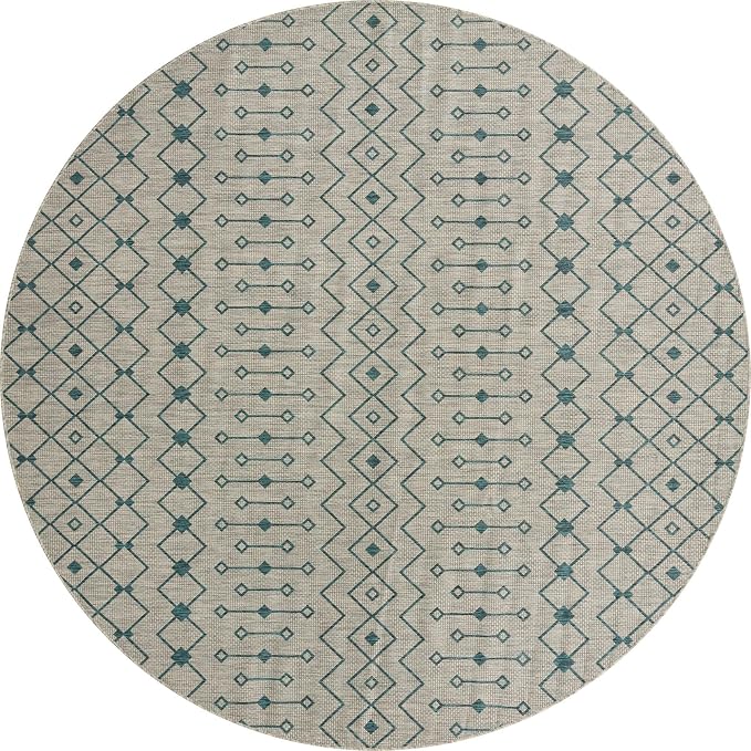 Unique Loom Outdoor Trellis Collection Area Rug - Tribal Trellis (10' 8" Round, Light Blue/ Ivory)