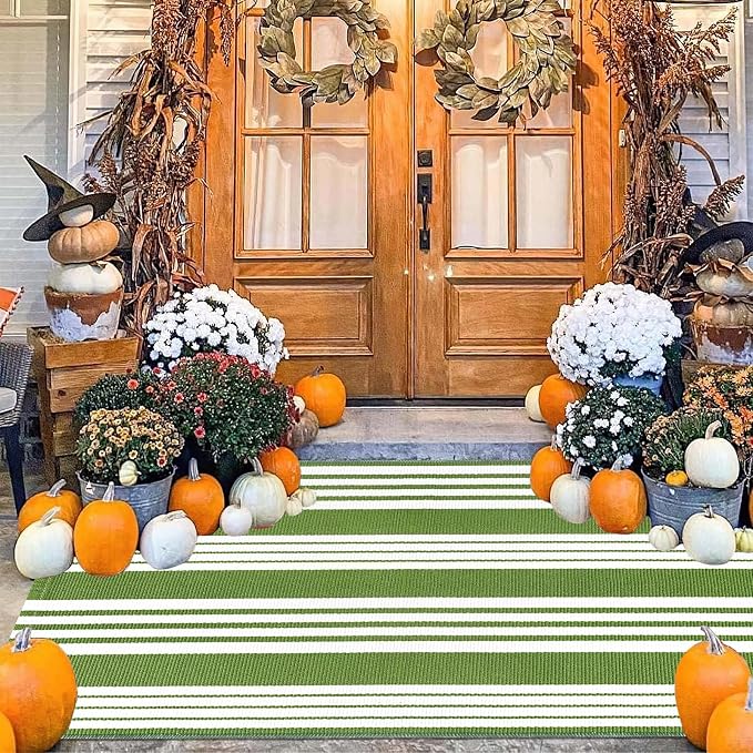 BUAGETUP Green and White Outdoor Rug 3'x 5' Cotton Woven Washable Rug Striped Front Porch RugIndoor/Outdoor Area Rug Floor Mat for Farmhouse/Layered Door Mats/Living Room