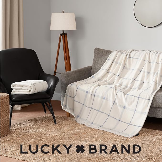 Lucky Brand Palmdale White with Sage Green Plaid 50"x70" Cozy Plush Blanket - Premium Microfiber Throw for Luxurious Comfort