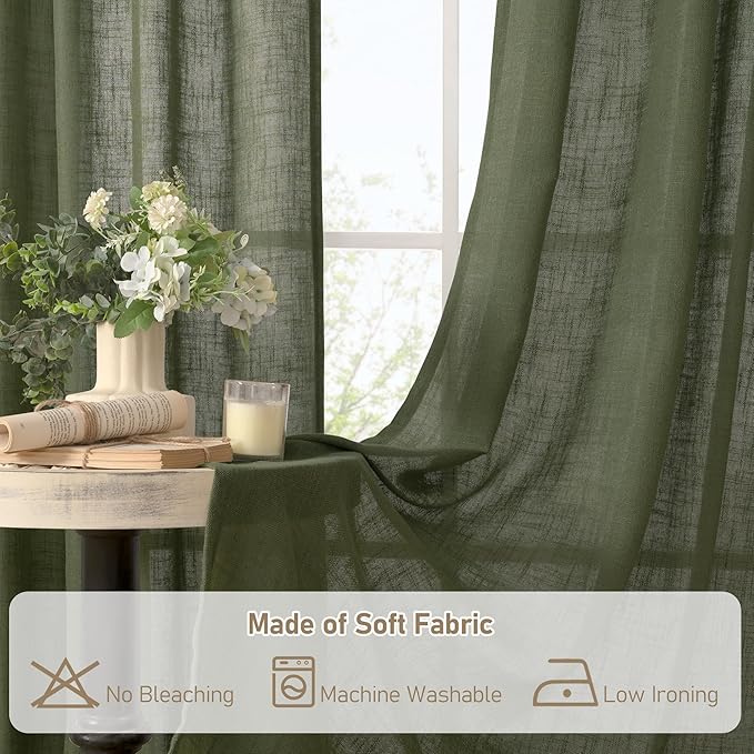 LAMIT Olive Green Linen Curtains for Living Room, 2 Panels, Light Filtering Semi Sheer Panels with Back Tab and Rod Pocket, 52 x 108 Inch