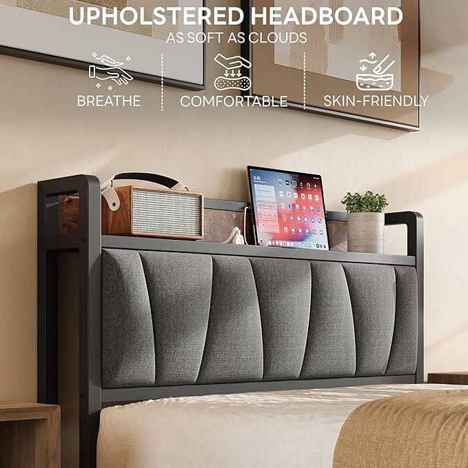 LIKIMIO Twin Bed Frames, Storage Headboard with Charging Station, Solid and Stable, Noise Free, No Box Spring Needed, Easy Assembly