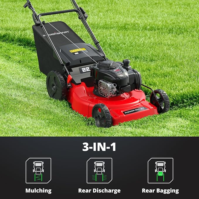 PowerSmart Gas Lawn Mower 22-Inch, Self-Propelled with 3-in-1 Mulching System, 150cc B&S Engine & 6 Cutting Heights, Rear-Wheel Drive, Durable Steel Deck for Yard