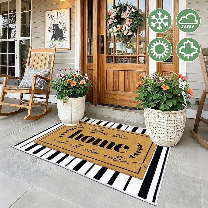 2 Pcs Coir Door Mat Welcome Mats for Front Door Black White Striped Layering Rug for Porch Outdoor Entrance Doormats Non Slip God Bless Matt for Religious Gifts Christian Rugs for Patio 23.6"x35.4"