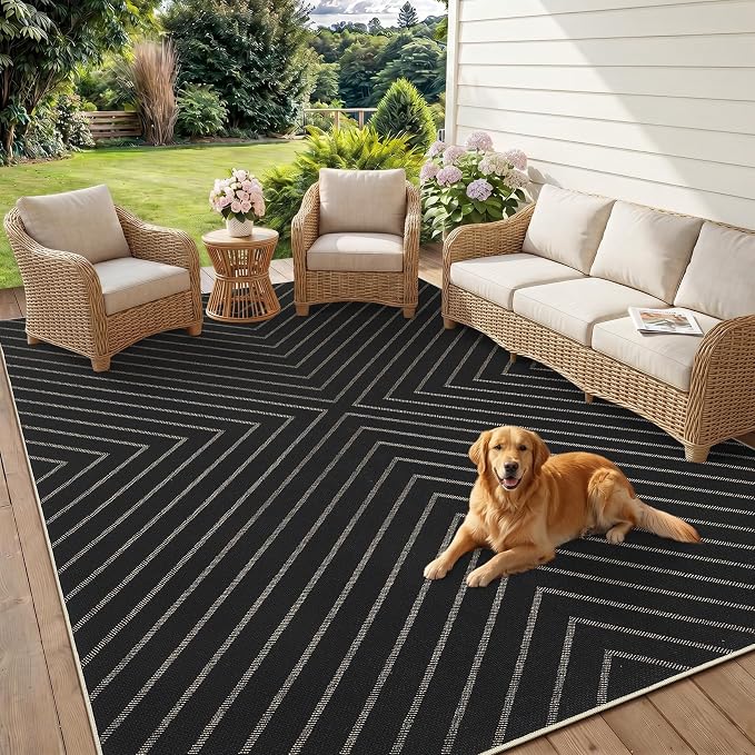 Garvee Easy Jute Rug 5x7 Rugs for Living Room, Striped Washable Non Slip Outdoor Patio Carpet, Farmhouse Indoor Area Rug Black Non Slip Carpet for Backyard Dining Room Deck 5'x7'