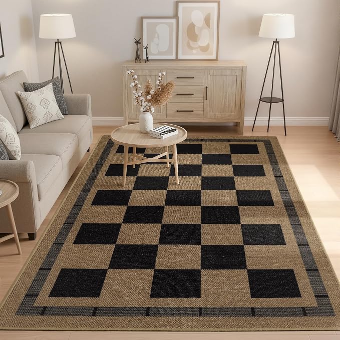 4x6 Outdoor Rug, Jute Checkered Rugs, Patio, Entryway, Balcony Porch Carpet | Washable Indoor Plaid Carpets, Bedroom Kitchen Rug, Non Slip Farmhouse Neutral Laundry Office Floor Mat, Black and Brown