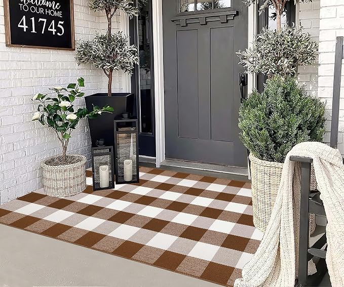 Fall Outdoor Rug 3'x5',Halloween Front Porch Rug Cotton Woven Washable Farmhouse Checkered Area Rug,Layering Rug for Hello/Welcome Door Mat Front Porch Decor