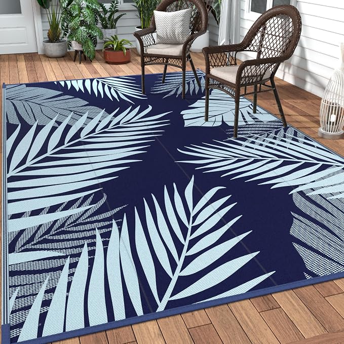 GENIMO Outdoor Rug, Waterproof Plastic Rugs 10'x14' for Camping Blue | Outside Larger Leaf Carpet Mat for Porch Decor, Deck, Camping, RV, Backyard, Balcony, Picnic, Beach, Reversible, Foldable