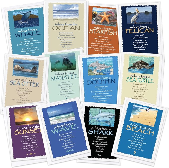 Advice From Nature Ocean Greeting Card Set Otter Shark Starfish, 12 Pack | Blank Inside Sustainable All Occasion Card Set, Printed in the USA on Replanted Cardstock