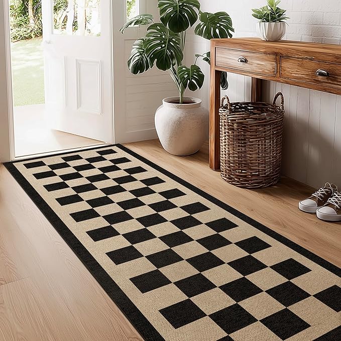 Washable Checkered Easy Jute Runner Rug, 2x8 Black Checkerboard Boho Geometric Outdoor Indoor Patio Rug, Low Pile Lightweight Non Slip Neutral Long Runner Carpet for Hallway Kitchen 8ft Entryway Porch
