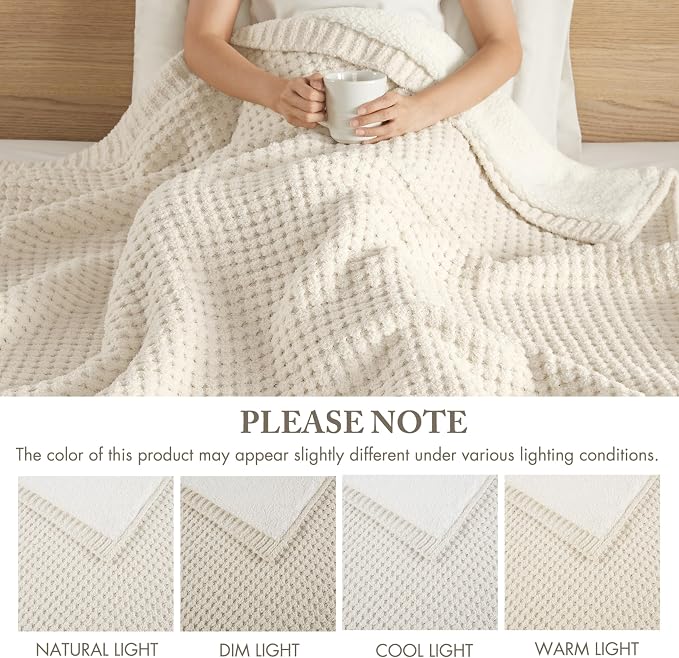 Madison Park Rowan Sherpa Throw Blanket Waffle Weave, 50 x 60, Ivory | Cozy Warmth for Sofa or Bed, Reversible, Lightweight, Farmhouse, OEKO-TEX Certified