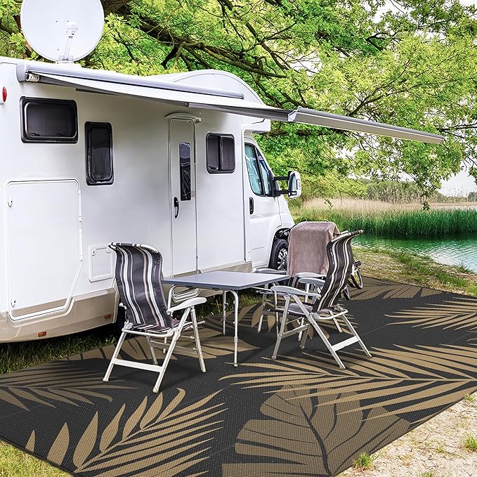 GENIMO Outdoor Rug, Waterproof Plastic Rugs 10'x14' for Camping Black Brown | Outside Larger Leaf Carpet Mat for Porch Decor, Deck, Camping, RV, Backyard, Balcony, Picnic, Beach, Reversible, Foldable