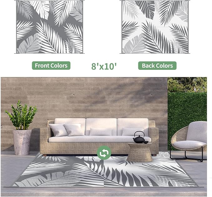 GENIMO Outdoor Rug, Waterproof Plastic Rugs for Patio, 8'x10' Grey White | Outside Larger Leaf Carpet Mat for Porch Decor, Deck, Balcony, Camping, RV, Backyard, Picnic, Beach, Reversible, Foldable