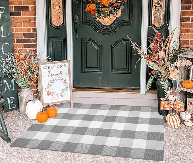 Buffalo Plaid Layered Doormat 27.5''X 43.3''Checkered Front Porch Rug Cotton Woven Washable Layering Doormat for Welcome Hello Door Mat Entryway Bedroom Living Room