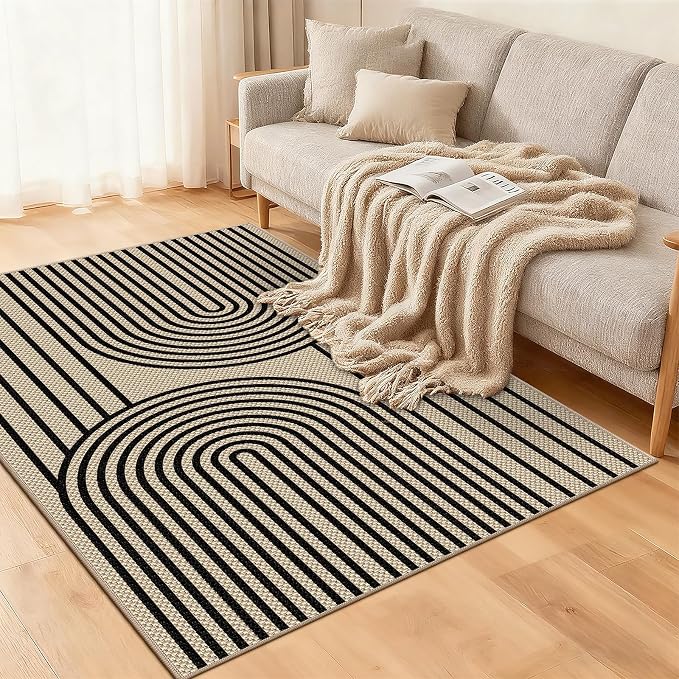 Faux Jute Rugs for Entryway, 3' x 5' Indoor Outdoor Rug, Black Farmhouse Washable Ultra-Thin Non-Slip Area Rug for Foyer, Backdoor, Living Room, Kitchen, Bedroom, Balcony