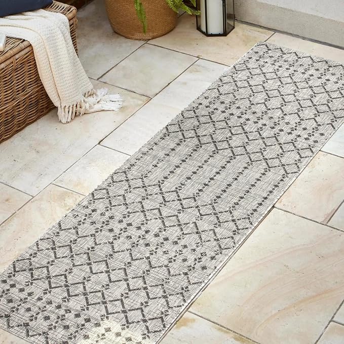 JONATHAN Y Moroccan Geometric Indoor Outdoor Runner Rug 2X8 Light Gray/Black, Ourika Textured Weave for Backyard, Patio, Porch, Easy-Cleaning, High Traffic Pet-Friendly, Non-Shedding SMB108E-28