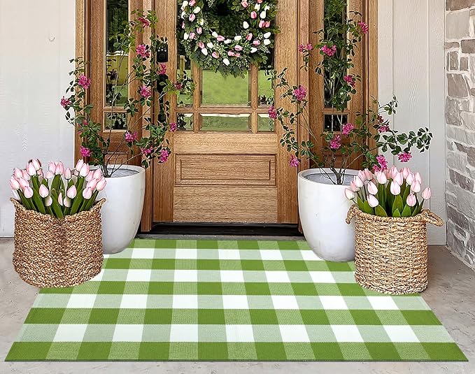 Green and White Outdoor Rug 3'X 5' Buffalo Checked Porch Rug Cotton Woven Machine Washable Layering Door Mat for Welcome Door Mat Porch Entryway Bedroom Living Room
