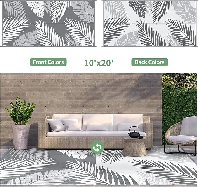 GENIMO Outdoor Rug, Waterproof Plastic Rugs 10'x20' for Camping Grey White | Outside Larger Leaf Carpet Mat for Patio Decor, RV, Porch, Camper, Deck, Picnic, Beach, Backyard, Reversible, Foldable