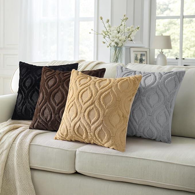 decorUhome Throw Pillow Covers 24x24 Inch Set of 2, Soft Plush Faux Wool Black Solid Couch Pillow Covers, Accent Euro Sham Farmhouse Neutral Square Pillow Cases for Sofa Bed Living Room