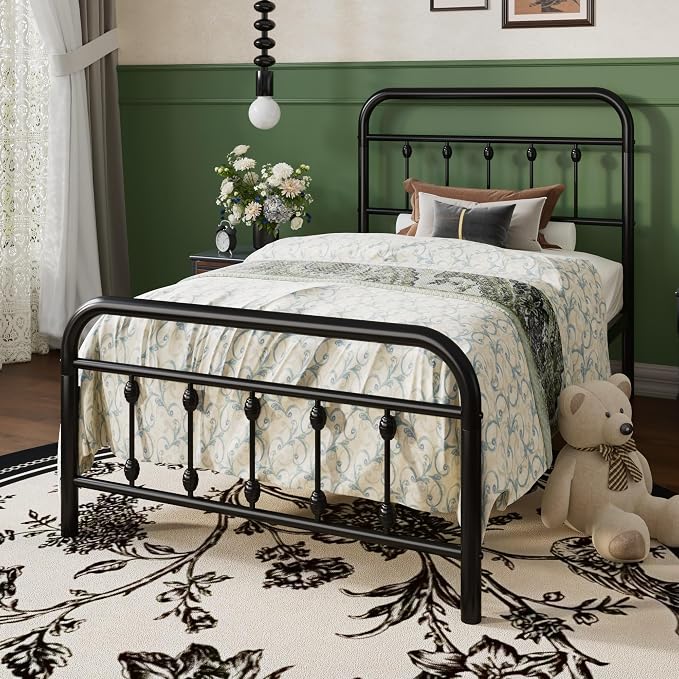 SHA CERLIN Twin Metal Bed Frame with Victorian Iron-Art Headboard, Black | Victorian Iron-Art Headboard and Footboard, Easy Assembly, Under Bed Storage, No Box Spring Required