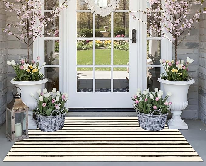 Striped Outdoor Rug 24"x51",Black and Beige Front Door Mat Cotton Woven Washable Farmhouse Layered Door Mats Throw Rugs for Porch/Bedroom/Home Entrance Decor