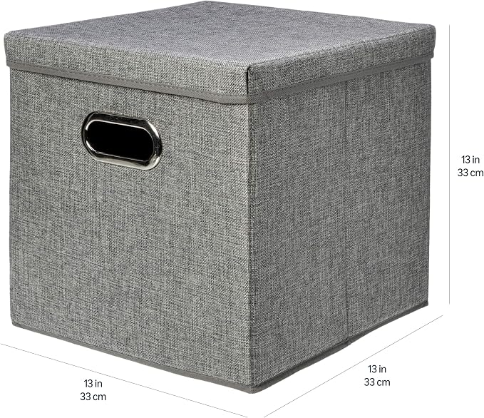 Amazon Basics Foldable Burlap Cloth Cube Storage Bins with Lid, Collapsible Organizing Containers, Stackable and Sturdy, Gray, Set of 2