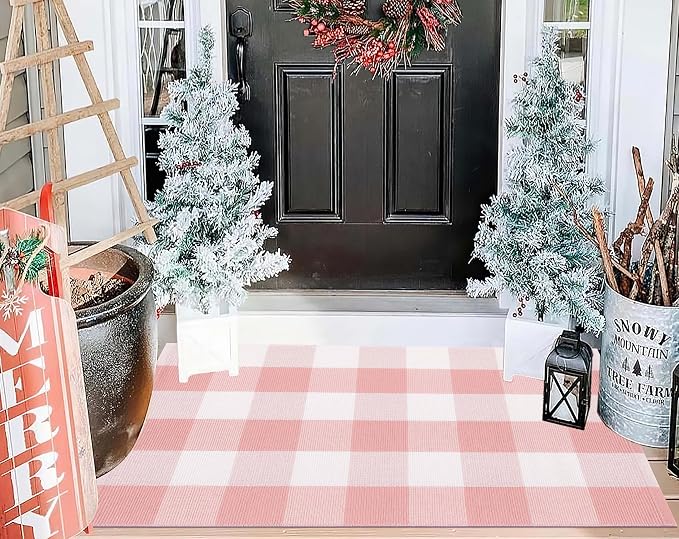 Pink and White Front Door Mat 24''X35'' Buffalo Plaid Checked Front Porch Rug Cotton Woven Washable Rug Layering Doormat for Welcome Door Mat Entryway Dining Room Bedroom Living Room