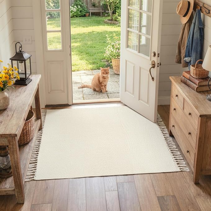 Collive Washable Area Rug 3' x 5', Modern Woven Kitchen Rugs, White/Beige Braided Rug Indoor Door Mat Throw Carpet for Entryway Living Room Nursery Mudroom Laundry Room