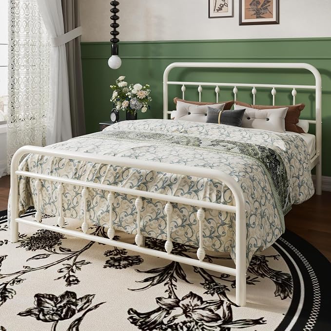 SHA CERLIN Queen Metal Bed Frame with Victorian Iron-Art Headboard, Cream | Victorian Iron-Art Headboard and Footboard, Easy Assembly, Under Bed Storage, No Box Spring Required