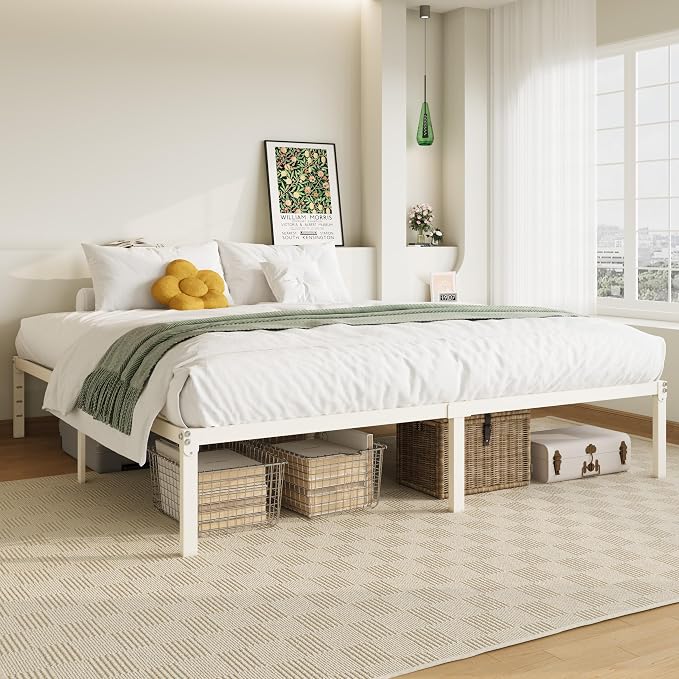 Allewie King Size Bed Frame, 14 inch Metal Beds with Storage Space, Beige | Heavy-Duty Metal Platform Beds, Large Under-Bed Storage Space, No Box Spring Needed, Easy Assembly