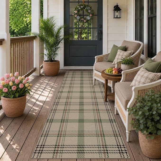 JTJ Plaid Easy Jute 2x6 Runner Rug, Washable Outdoor Runner Rug for Kitchen, Entryway and Front Door, Indoor Outdoor Farmhouse Non Slip Hallway Rug, Green