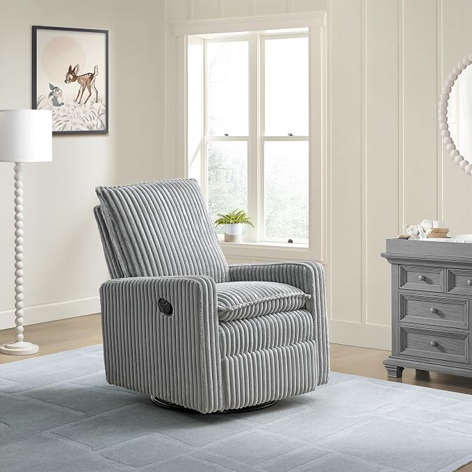 Oxford Baby Uptown Upholstered Glider Recliner Rocking Chair 360° Swivel for Nursery and Living Room - Corduroy Ash Gray, Green Guard Gold Certified