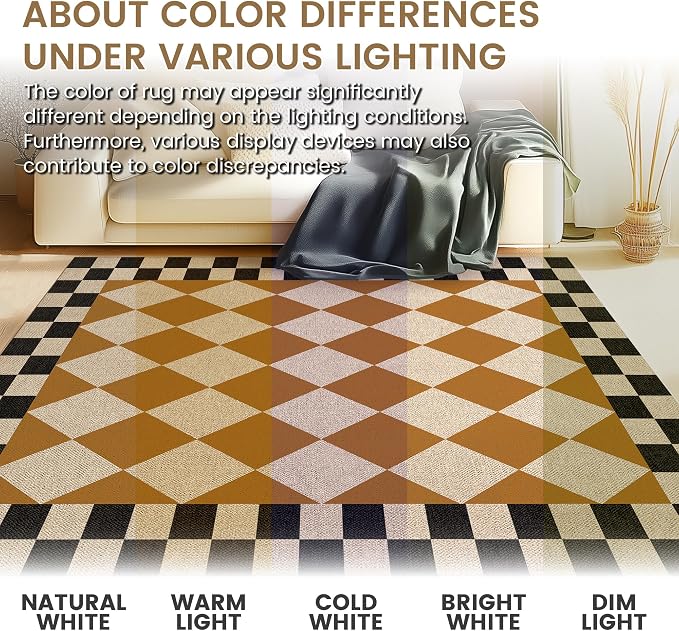Washable Checkered Easy Jute Rug 5x7, Brown Black Checkerboard Geometric Modern Outdoor Indoor Patio Large Rug, Woven Thin Carpet Mat for Living Dining Play Room Bedroom Classroom Kids Nursery